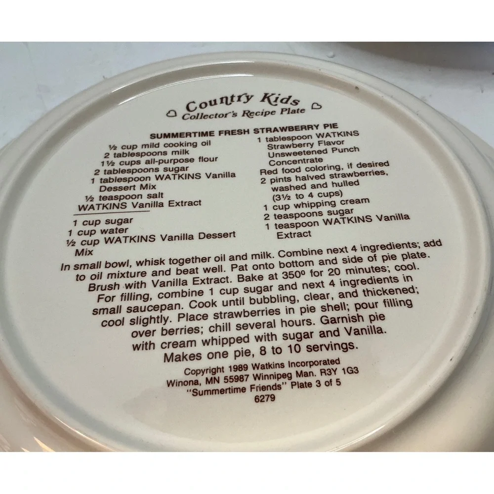 Watkins Vintage 1989 Country Kids Pie Plates Set of 2 Recipe Ceramic 10.5 Inch